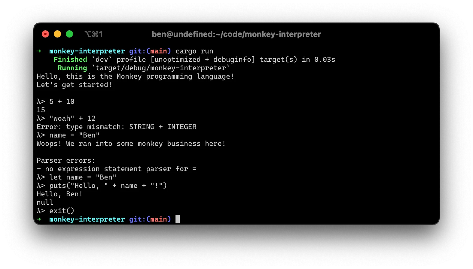 REPL CLI of the Monkey interpreter