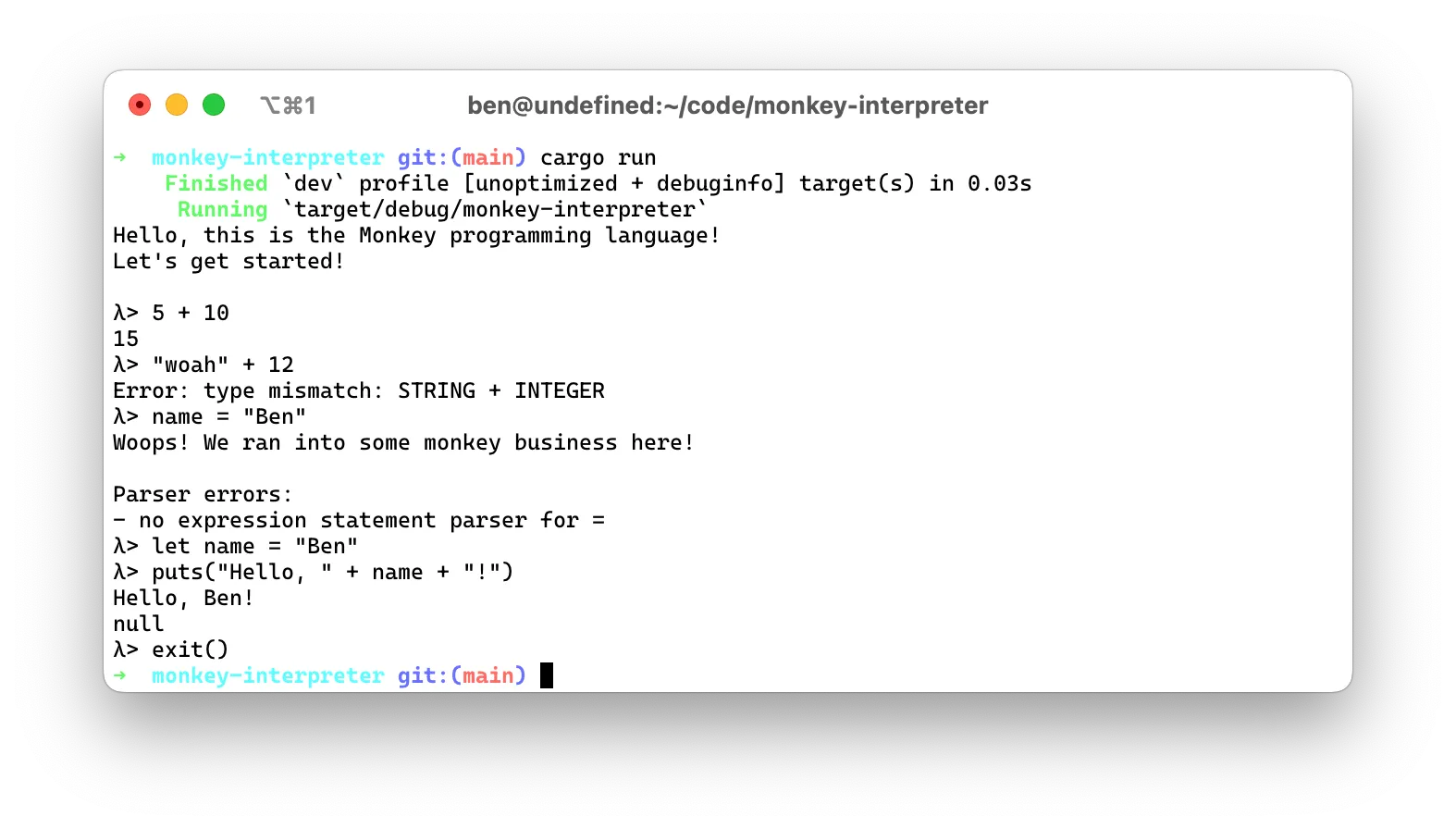 REPL CLI of the Monkey interpreter