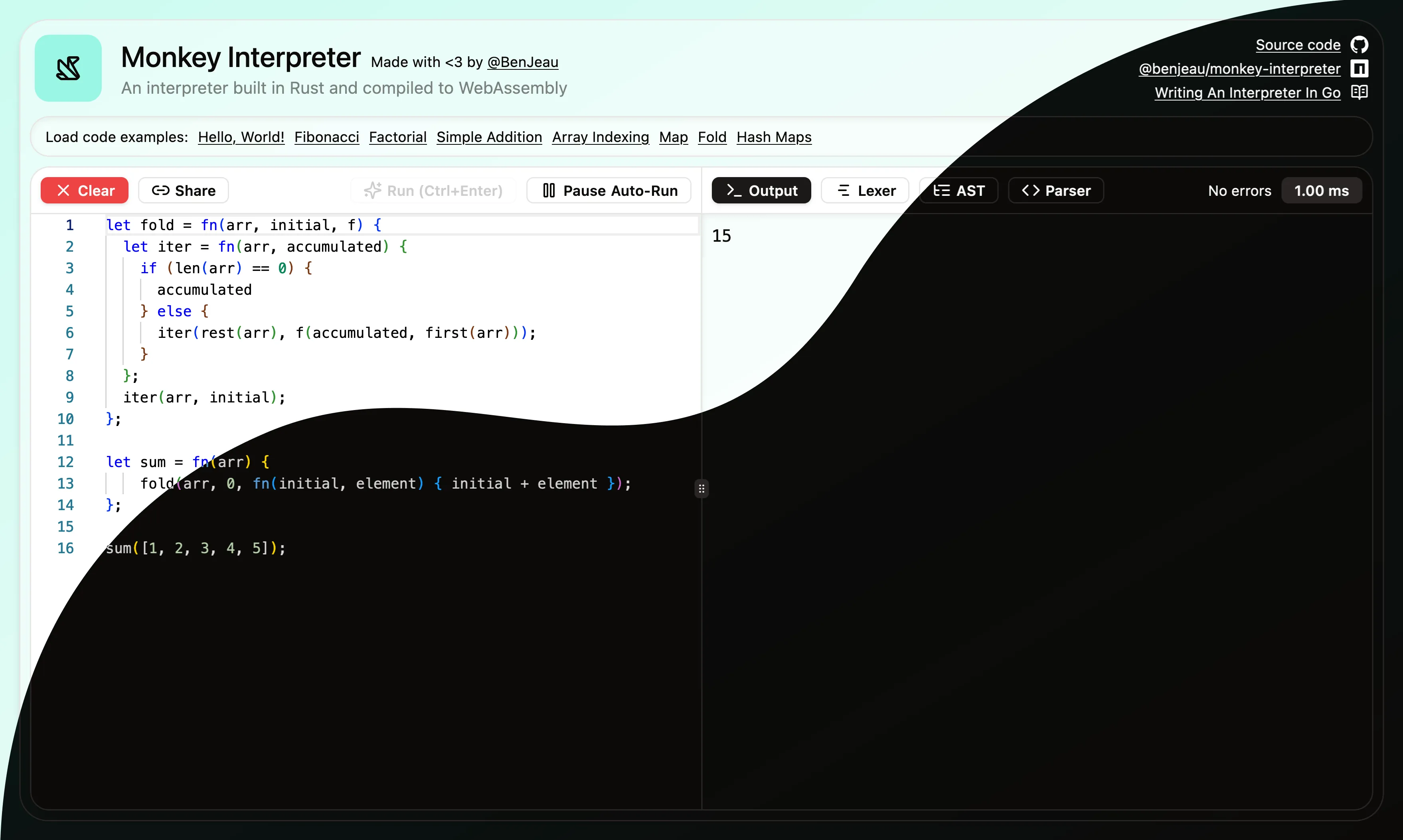 A screenshot of the Monkey Interpreter Playground
